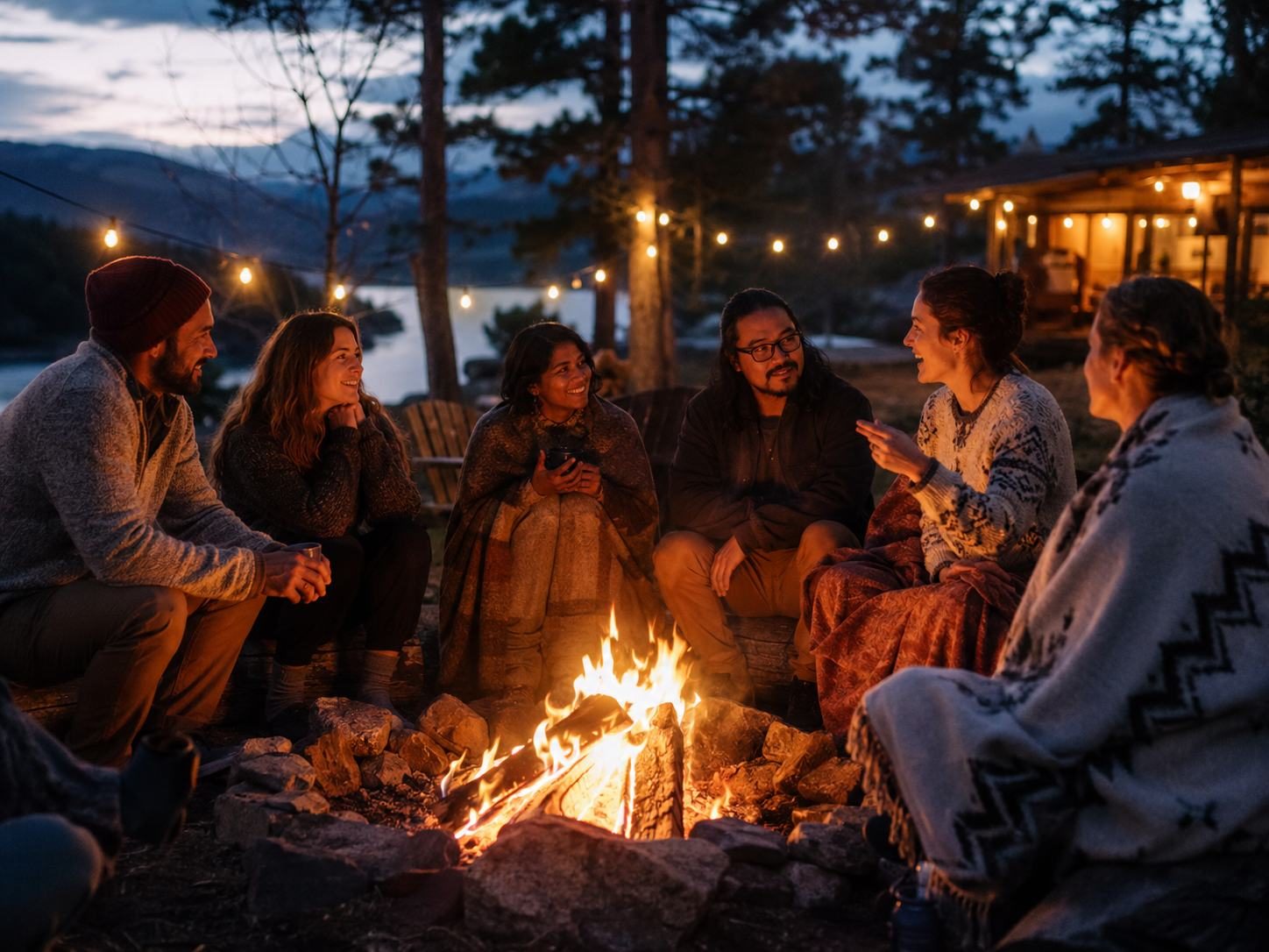 Retreat guests talking around a fire in the evening