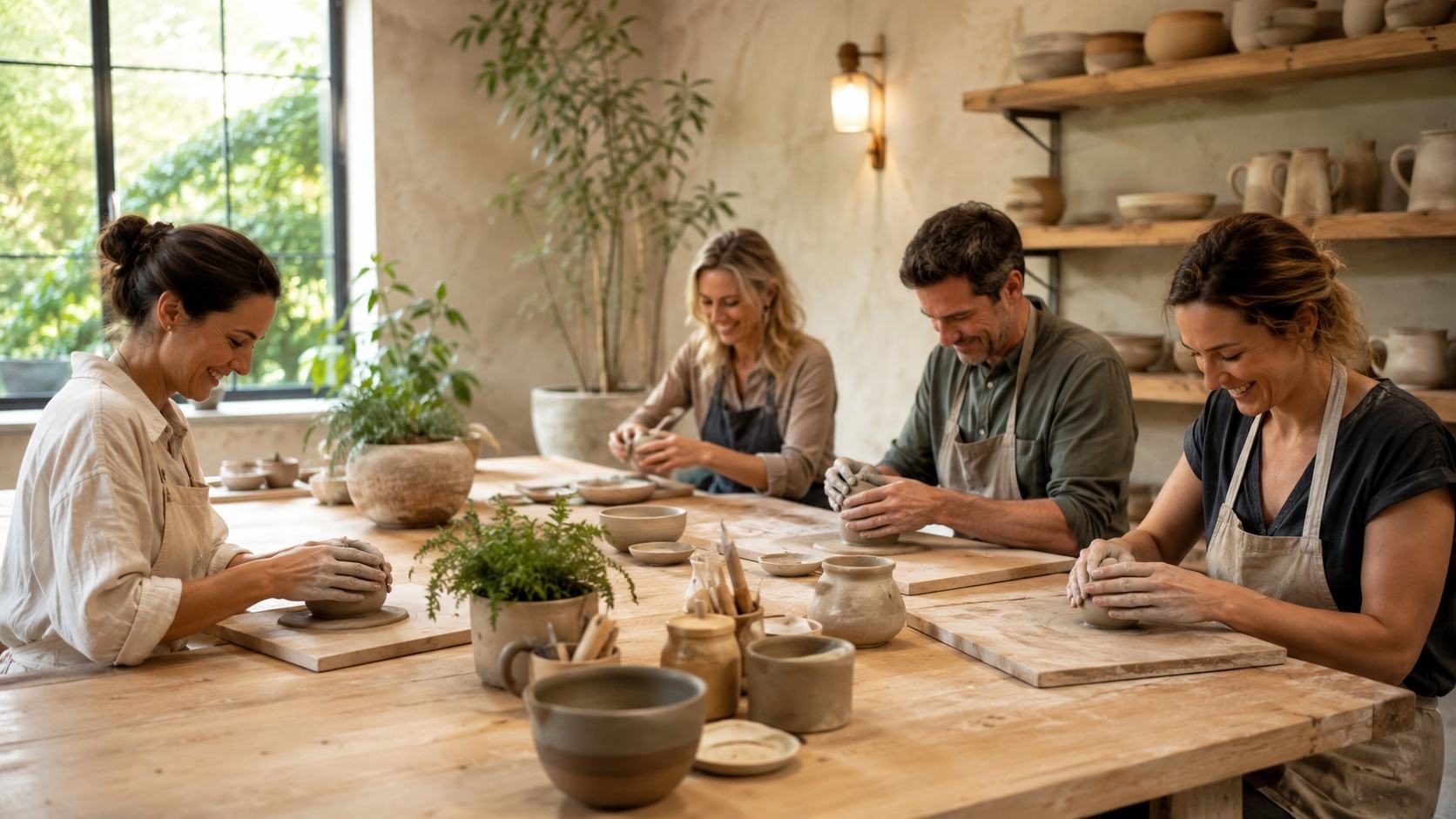 Two makers throwing clay at a shared studio table