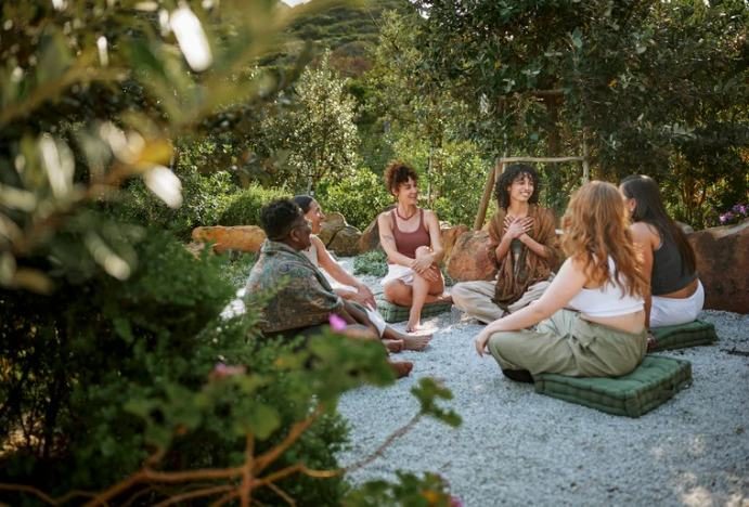Retreat guests sitting together outdoors in a garden